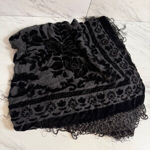 Black Floral  Velvet Burnout Fringe Tassel Boho Black Scarf